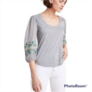 Anthropologie Tiny Gray Embroidered Peasant Top M